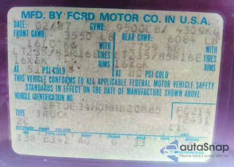 1987 Ford Econoline E350 Van из США, поврежденный, VIN 1FTJE34H0HHB20885